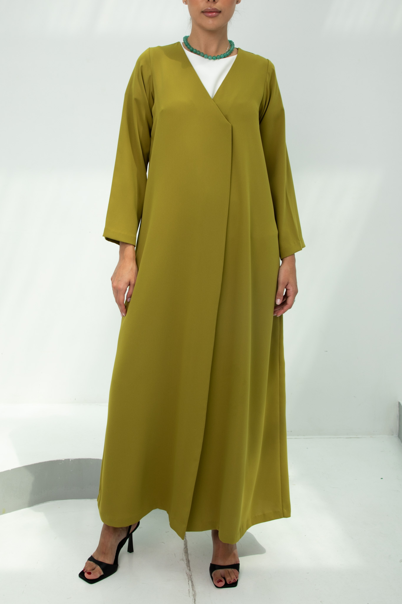 M04 Olive Mustard Draped Abaya
